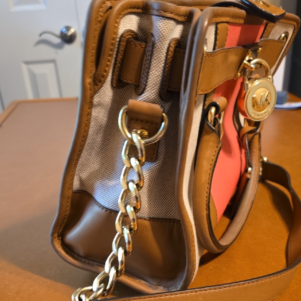 Michael Kors Hamilton Center Tan and Coral Satchel - Picture 7 of 8
